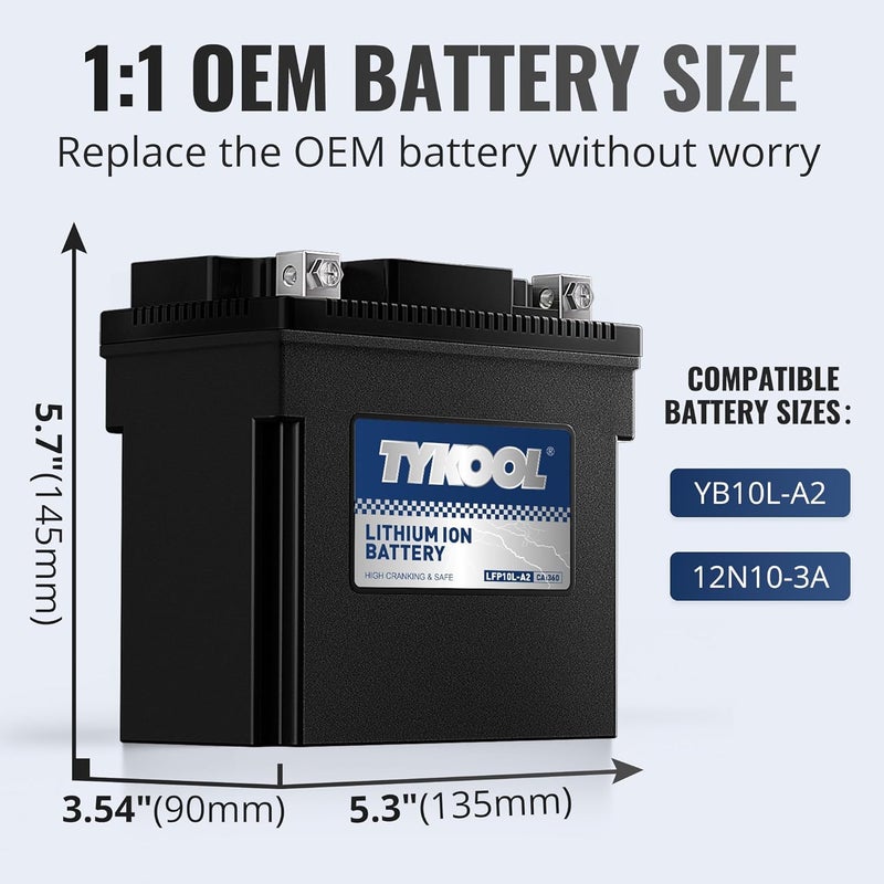 TYKOOL YB10L-A2 Lithium LiFePO4 Motorcycle Battery, 12.8V 6Ah, 360CCA, Built in BMS, Powersports Battery, for ATV, UTV, Jet Ski, Personal Watercraft, Snowmobile, Quad, Riding Lawn Mower, Tractor - Image 3